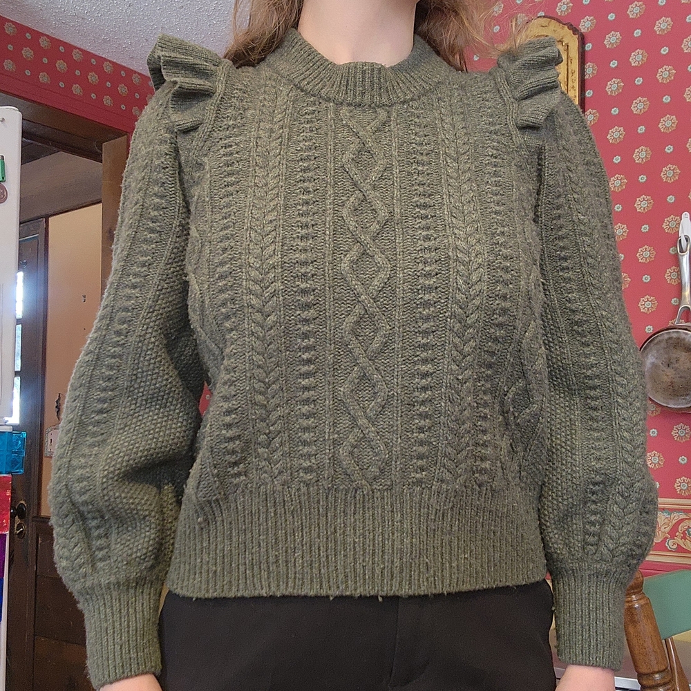 *MERINO WOOL* Madewell Olive Cable Knit Sweater with Ruffle Details
